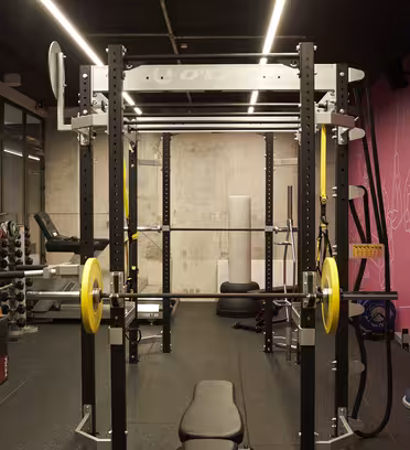 Et moderne fitnesscenter-interiør med et powerrack med vægte, en bænk og styrketræningsudstyr. Lyserød væg med stregillustrationer i baggrunden. Håndvægte er pænt arrangeret på et stativ til venstre.